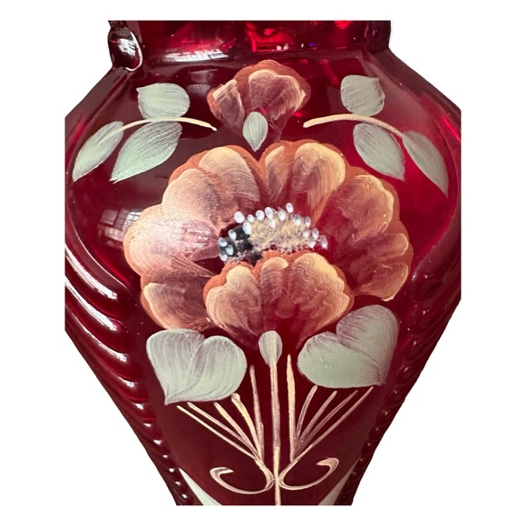FENTON Vintage Cranberry Feather Vase 11” Hand Painted Signed Floral Design - Picture 5 of 8